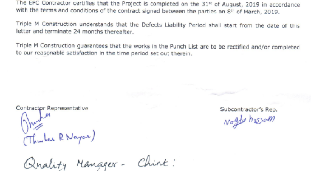 Completion Certificate- Acwa- Chint- Benban- CCTV 95 MW