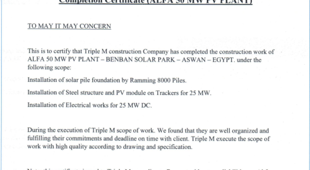 Completion Certificate - Alfa - Al Fanar -50MW Benban- Ramming- Electrical -Mechanical