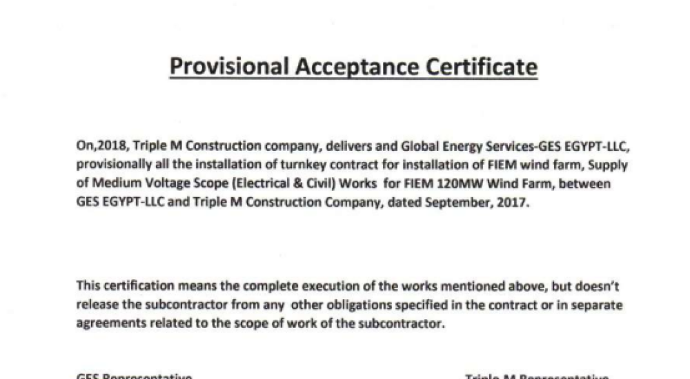 FIEM 120 MW WF Completion Certificate